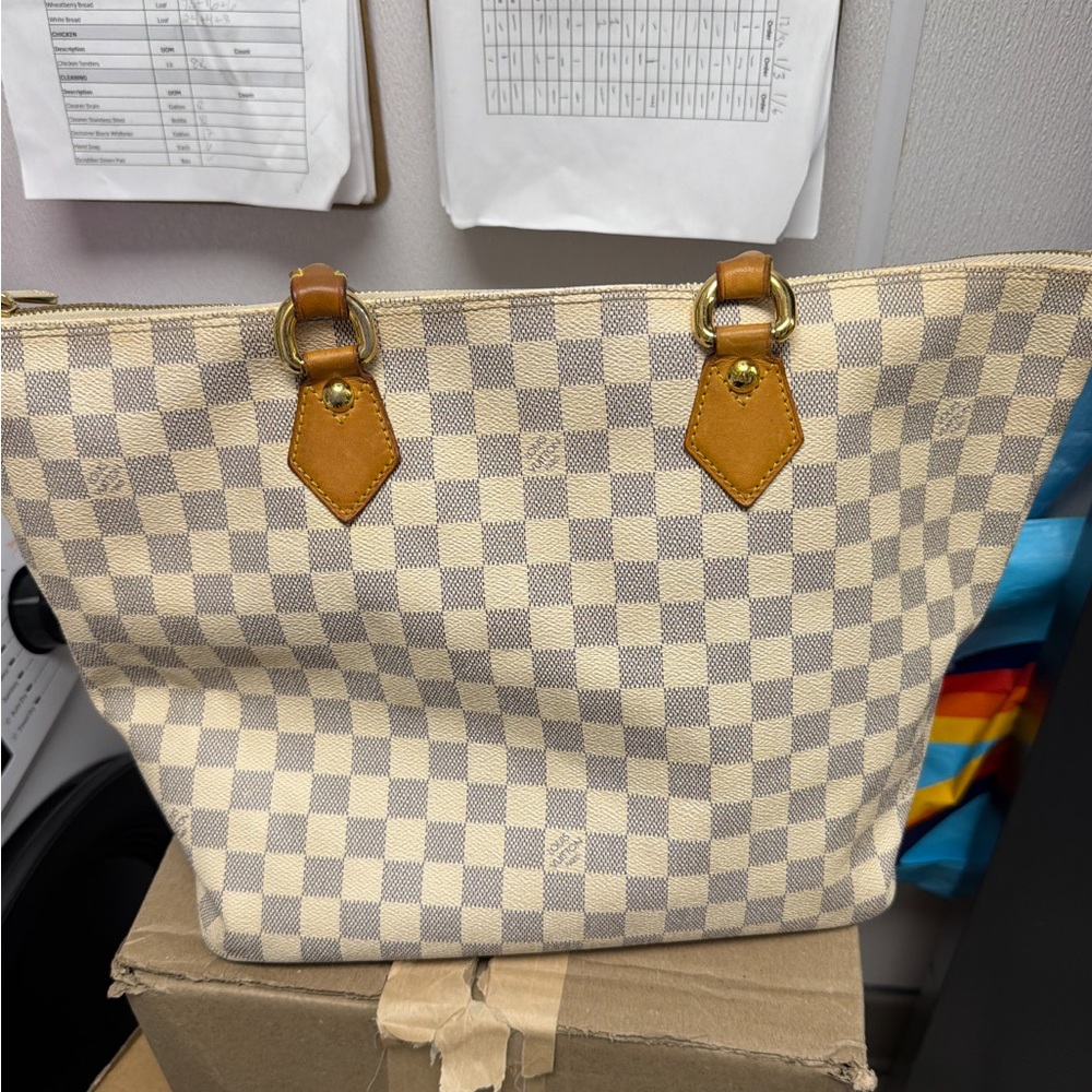 Louis Vuitton Checkered Tote with Tan Leather Accents